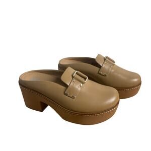 FitFlop Pilar Stud-Buckle Leather Platform Mules Latte Tan Size 6